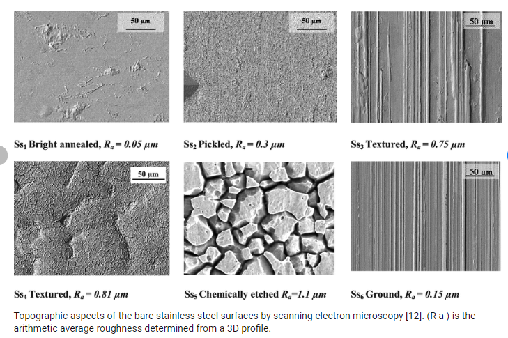 Different surface treatments microscopy of stainless steel.